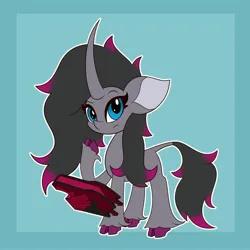 Size: 4000x4000 | Tagged: safe, artist:mrneo, derpibooru import, oleander (tfh), classical unicorn, unicorn, them's fightin' herds, big hair, blue background, book, border, cloven hooves, community related, frown, image, jpeg, leonine tail, looking at you, outline, simple background, solo, unicornomicon, unshorn fetlocks, white outline