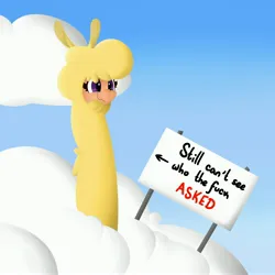 Size: 4000x4000 | Tagged: safe, artist:mrneo, derpibooru import, alpaca, them's fightin' herds, arrow, cloud, community related, female, funny, image, jpeg, long neck, paprika (tfh), reaction image, sign, smiling, solo, vulgar