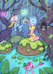 Size: 1912x2637 | Tagged: safe, artist:linxminx, derpibooru import, angel bunny, fluttershy, gummy, pinkie pie, rainbow dash, tank, alligator, bird, earth pony, frog, owl, parasprite, pegasus, pony, rabbit, tortoise, animal, biting, female, image, lilypad, looking at each other, looking at someone, mare, onomatopoeia, png, sleeping, sound effects, swamp, swimming, tail, tail bite, zzz