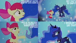 Size: 4400x2475 | Tagged: safe, derpibooru import, edit, edited screencap, editor:quoterific, screencap, apple bloom, princess luna, alicorn, earth pony, pony, bloom and gloom, apple bloom's bow, bow, crown, dream walker luna, duo, duo female, ethereal mane, ethereal tail, eyes closed, female, filly, foal, hair bow, hoof shoes, image, jewelry, mare, open mouth, peytral, png, regalia, sad, smiling, tail, worried
