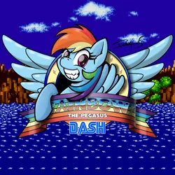 Size: 3508x3508 | Tagged: safe, alternate version, artist:memprices, derpibooru import, rainbow dash, pegasus, pony, crossover, grin, high res, image, looking at you, png, retro, smiling, smiling at you, solo, sonic the hedgehog, sonic the hedgehog (series), teeth, text