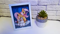 Size: 1280x720 | Tagged: safe, derpibooru import, fluttershy, pegasus, pony, rabbit, animal, art, commission, craft, digital art, diorama, forest, handmade, image, made by franch, photo, png, sale, snowman, solo, tree, winter