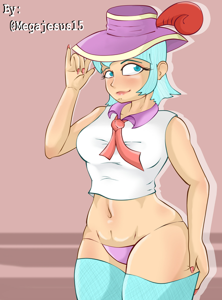 Size: 1850x2500 | Tagged: suggestive, artist:megajesus15, derpibooru import, coco pommel, human, belly button, clothes, humanized, image, jpeg, looking at you, panties, socks, stockings, thigh highs, underwear