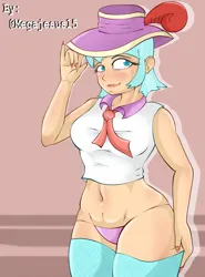 Size: 1850x2500 | Tagged: suggestive, artist:megajesus15, derpibooru import, coco pommel, human, belly button, clothes, humanized, image, jpeg, looking at you, panties, socks, stockings, thigh highs, underwear