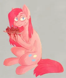 Size: 1050x1240 | Tagged: semi-grimdark, artist:sflnxx, derpibooru import, pinkie pie, earth pony, pony, fanfic:cupcakes, blood, cheek fluff, cupcake, feather, female, food, gray background, image, implied rainbow dash, jpeg, looking at you, mare, pinkamena diane pie, simple background, sitting, solo