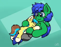 Size: 1300x1000 | Tagged: safe, artist:okopod, derpibooru import, oc, oc:davis firestar, oc:okopod, unofficial characters only, pegasus, pony, abstract background, boots, butt, butt tail, clothes, cuddling, duo, duo male, folded wings, hug, image, jpeg, male, pegasus oc, pegasus wings, plot, pony oc, shoes, snuggling, wings