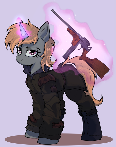 Size: 1708x2160 | Tagged: safe, artist:tatykin, derpibooru import, oc, oc:easy peasy, unofficial characters only, pony, unicorn, fallout equestria, female, gun, image, magic, mare, mauser, outfit, png, synth, trench carbine, weapon