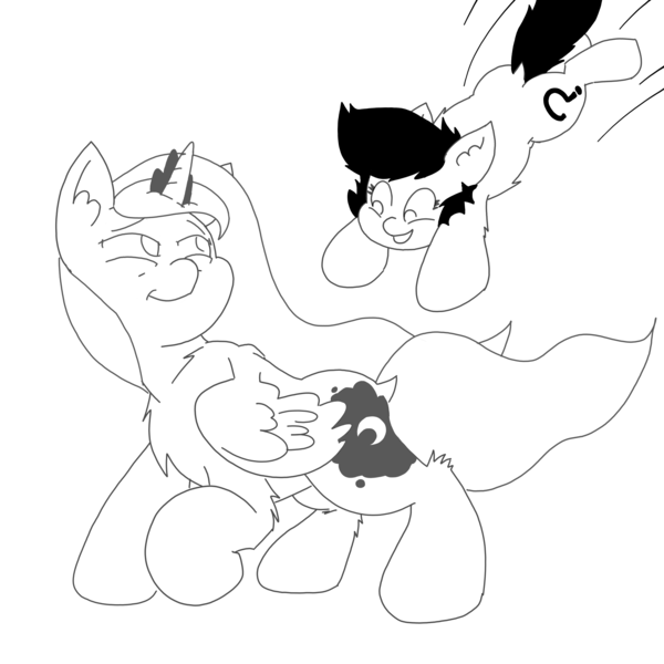 Size: 3508x3508 | Tagged: safe, artist:ponny, derpibooru import, princess luna, oc, oc:anonfilly, alicorn, earth pony, pony, duo, duo female, female, filly, glomp, image, jumping, leaping, mare, monochrome, png, pounce, simple background, smiling, white background
