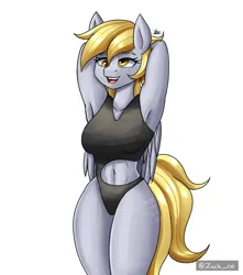 Size: 1500x1700 | Tagged: suggestive, artist:zachc, derpibooru import, derpy hooves, anthro, pegasus, arm behind head, armpits, belly button, clothes, female, image, one-piece swimsuit, png, solo, swimsuit