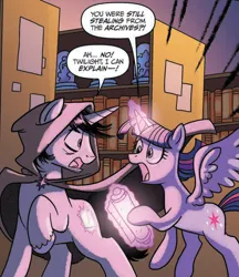 Size: 1126x1305 | Tagged: safe, artist:tonyfleecs, derpibooru import, idw, shadow lock, twilight sparkle, twilight sparkle (alicorn), alicorn, pony, unicorn, from the shadows, spoiler:comic, spoiler:comic53, cloak, clothes, duo, female, glow, glowing horn, horn, image, male, mare, open mouth, png, raised hoof, scroll, shocked, shocked expression, stallion