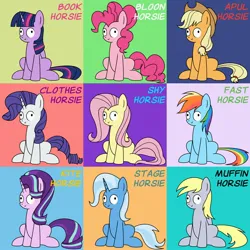 Size: 2700x2700 | Tagged: safe, artist:banquo0, derpibooru import, applejack, derpy hooves, fluttershy, pinkie pie, rainbow dash, rarity, starlight glimmer, trixie, twilight sparkle, alicorn, earth pony, pegasus, pony, unicorn, :>, collage, derp, image, jpeg, simple background, sitting, smiling, text