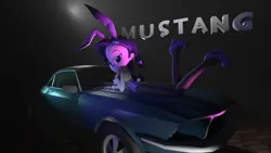 Size: 1920x1080 | Tagged: suggestive, artist:cjv2004, derpibooru import, rarity, human, equestria girls, 3d, bedroom eyes, black background, bunny suit, car, clothes, ford mustang, image, light, looking at you, looking back, looking back at you, png, simple background, solo, source filmmaker, sultry pose, text