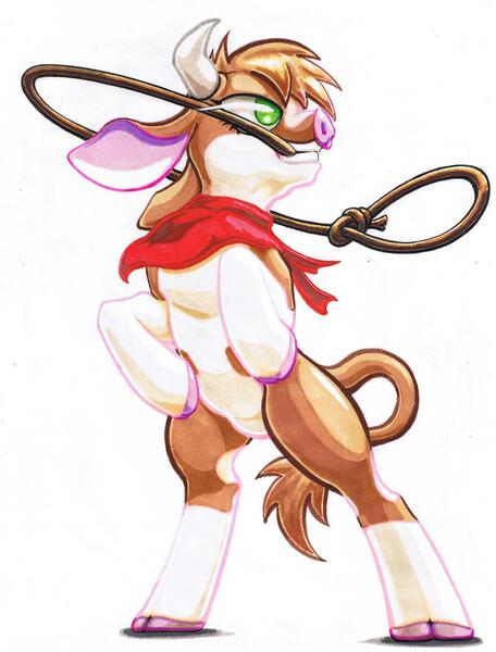 Size: 1752x2304 | Tagged: safe, artist:oddwarg, derpibooru import, cow, them's fightin' herds, arizona (tfh), bipedal, community related, female, image, jpeg, lasso, mouth hold, rope, simple background, solo, traditional art, white background