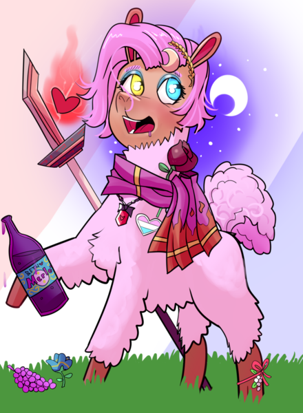 Size: 964x1314 | Tagged: safe, artist:lawrence alpaca, derpibooru import, oc, oc:beth, unofficial characters only, alpaca, alcohol, clothes, cloven hooves, flower, food, grapes, heterochromia, image, moon, png, rose, scarf, simple background, solo, staff, transgender, transparent background, wine