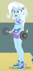 Size: 400x860 | Tagged: safe, artist:sapphiregamgee, derpibooru import, edit, trixie, human, equestria girls, belly button, clothes, cropped, dumbbell (object), female, image, midriff, png, shoes, shorts, sneakers, solo, sports bra, sports shorts, weights