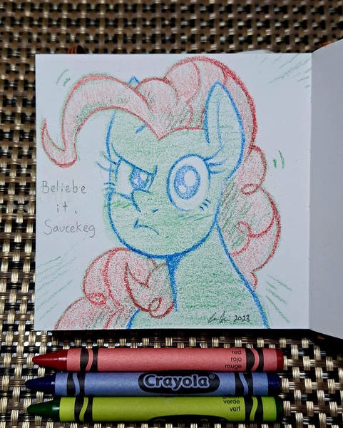 Size: 2084x2602 | Tagged: safe, artist:redapropos, derpibooru import, pinkie pie, earth pony, pony, bust, crayon drawing, female, image, jpeg, looking at you, mare, signature, solo, text, traditional art