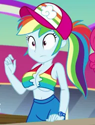 Size: 623x816 | Tagged: suggestive, artist:phantomeditor, derpibooru import, edit, edited screencap, screencap, rainbow dash, equestria girls, equestria girls series, spring breakdown, spoiler:eqg series (season 2), absolute cleavage, baseball cap, big breasts, breast edit, breasts, busty rainbow dash, cap, cleavage, clothes, cropped, cruise outfit, female, geode of super speed, hat, image, imminent wardrobe malfunction, implied breast expansion, jpeg, magical geodes, midriff, pants, ponytail, raised arm, shirt, sleeveless, sleeveless shirt, solo, standing, surprised, tanktop, torn clothes, wide eyes, wristband, yacht