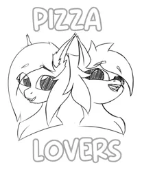 Size: 2772x3352 | Tagged: safe, artist:kainy, derpibooru import, oc, oc:kainy, oc:rainy, unofficial characters only, bat pony, hybrid, pegasus, bat pony oc, bat wings, duo, hybrid oc, image, monochrome, png, that pony sure does love pizza, wings