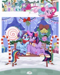 Size: 3098x3872 | Tagged: safe, artist:silverfir, artist:venik, derpibooru import, applejack, fluttershy, pinkie pie, rainbow dash, spike, twilight sparkle, twilight sparkle (alicorn), alicorn, dragon, earth pony, pegasus, pony, bench, berry, candy, cap, clothes, cup, earmuffs, female, fluffy, food, garland, glow, glowing horn, hat, horn, image, lesbian, looking at each other, looking at someone, magic, mistletoe, png, present, scarf, shipping, sitting, smiling, smiling at each other, snow, snowfall, spread wings, telekinesis, twidash, wings, winter, winter outfit