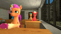 Size: 1200x675 | Tagged: safe, alternate version, artist:media buff, derpibooru import, hitch trailblazer, sprout cloverleaf, sunny starscout, g5, 3d, animated, desk, feral, gif, gmod, image, indoors, looking back, looking forward, meme template, misty brightdawn, school, sitting, template, voice actor joke, yelling