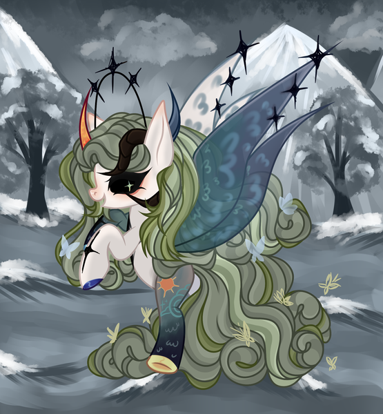 Size: 1736x1876 | Tagged: safe, artist:justsadluna, derpibooru import, oc, unofficial characters only, alicorn, pony, alicorn oc, black sclera, eyelashes, female, hoof polish, horn, image, mare, outdoors, png, rearing, solo, wings