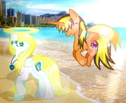 Size: 1477x1213 | Tagged: safe, artist:angellightyt, derpibooru import, oc, unofficial characters only, alicorn, pegasus, pony, alicorn oc, beach, collaboration, colored wings, halo, horn, image, jewelry, necklace, outdoors, pegasus oc, png, two toned wings, wings