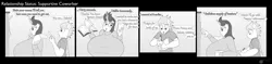 Size: 6001x1419 | Tagged: suggestive, artist:gunpowdergreentea, derpibooru import, oc, oc:peony burst, oc:salute charge, anthro, pegasus, pony, unicorn, 4 panel comic, big breasts, book, breasts, card, chalk, chalkboard, clothes, comic, dialogue, duo, duo male and female, female, glasses, huge breasts, image, impossibly large breasts, magic, male, monochrome, notes, pen, png, salony, sweater