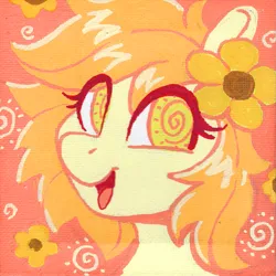 Size: 1175x1176 | Tagged: safe, artist:dandy, derpibooru import, oc, oc:thursday, unofficial characters only, earth pony, pony, acrylic painting, bust, earth pony oc, flower, flower in hair, image, looking at you, open mouth, png, portrait, solo, traditional art