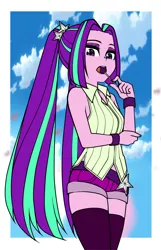 Size: 900x1400 | Tagged: safe, artist:nekojackun, derpibooru import, aria blaze, equestria girls, aria flat, biting, booty shorts, bracelet, breasts, candy, clothes, cloud, delicious flat chest, eyeshadow, female, food, image, jewelry, lollipop, long hair, looking at you, low angle, makeup, midriff, pigtails, png, shirt, shorts, sky, sleeveless, socks, solo, thigh highs, thighs, twintails, vest, wristband, zettai ryouiki
