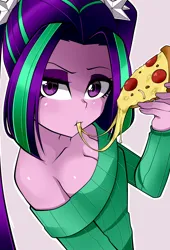 Size: 1500x2200 | Tagged: safe, artist:nekojackun, derpibooru import, aria blaze, human, equestria girls, bare shoulders, breasts, cleavage, clothes, eating, female, food, image, meat, off shoulder, off shoulder sweater, pepperoni, pepperoni pizza, pigtails, pizza, png, reasonably sized breasts, solo, sweater