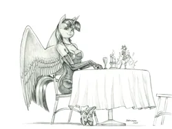 Size: 1400x1054 | Tagged: safe, artist:baron engel, derpibooru import, twilight sparkle, twilight sparkle (alicorn), oc, oc:page turner, alicorn, anthro, pony, unicorn, candle, chair, female, glass, image, jpeg, mare, monochrome, pencil drawing, table, traditional art, wine glass