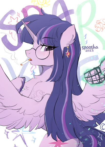Size: 1780x2484 | Tagged: safe, artist:spoosha, derpibooru import, twilight sparkle, twilight sparkle (alicorn), alicorn, pony, abstract background, cigarette, cutie mark accessory, cutie mark earrings, ear piercing, earring, eyebrows, eyebrows visible through hair, gag, glasses, image, jewelry, muzzle gag, piercing, png, round glasses, smoking, solo, sunset shimmer's cutie mark