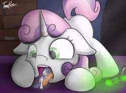 Size: 3844x2828 | Tagged: suggestive, artist:teropone, derpibooru import, apple bloom, rarity, scootaloo, sweetie belle, pony, unicorn, cutie mark crusaders, drool, female, fetish, filly, image, imminent vore, macro, macro/micro, mawshot, micro, open mouth, png, shrinking, sweetie pred, teeth, throat, tongue out, vore, willing prey, willing vore