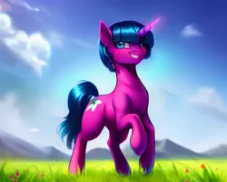 Size: 1280x1024 | Tagged: safe, derpibooru import, editor:siber, machine learning generated, purplesmart.ai, stable diffusion, oc, oc:lily glamerspear, unofficial characters only, pony, unicorn, fanfic:everyday life with guardsmares, grin, image, png, prancing, smiling, solo