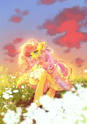 Size: 1953x2757 | Tagged: safe, artist:pfufu, derpibooru import, fluttershy, pegasus, pony, cloud, cute, ear fluff, female, field, flower, holding, image, looking at you, open mouth, png, raised hoof, shyabetes, sky, solo, solo female, spread wings, standing, wind, windswept mane, wings