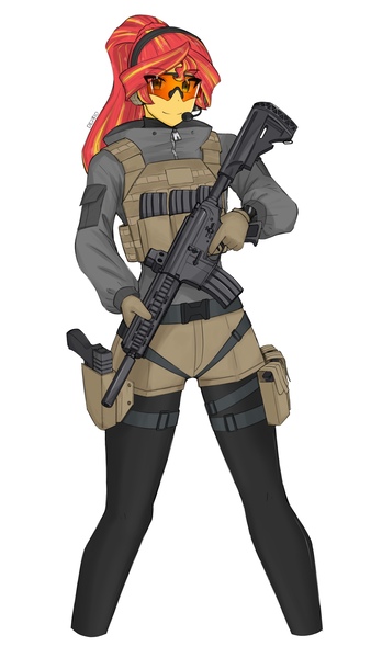 Size: 2160x3840 | Tagged: safe, artist:deeemperor, derpibooru import, sunset shimmer, equestria girls, armor, assault rifle, belt, body armor, bulletproof vest, clothes, cute, female, gloves, gun, handgun, headset, hk416, holster, image, jacket, jpeg, leggings, pistol, rifle, shimmerbetes, shorts, simple background, solo, sunglasses, weapon, white background