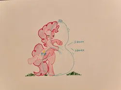Size: 2217x1662 | Tagged: safe, artist:blackwo96777748, derpibooru import, pinkie pie, earth pony, pony, balloon, bipedal, cute, grass, hug, image, jpeg, onomatopoeia, rubbing, simple background, squeezing, that pony sure does love balloons, traditional art