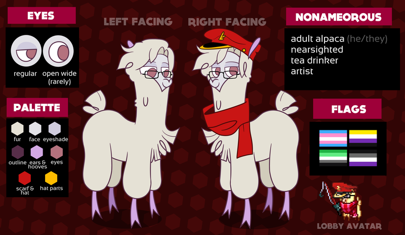 Size: 4330x2518 | Tagged: safe, artist:nonameorous, derpibooru import, oc, oc:nonameorous, alpaca, them's fightin' herds, aromantic, asexual, clothes, cloven hooves, community related, eyeshadow, fishing rod, glasses, hat, high res, hooves, image, looking at you, looking away, makeup, male, nonbinary, png, pride flag, red background, reference sheet, scarf, simple background, smug, solo, standing, text, transgender