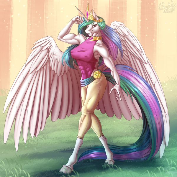 Size: 1600x1600 | Tagged: suggestive, artist:sunny way, derpibooru import, princess celestia, alicorn, anthro, pony, unguligrade anthro, abs, athletic, bodysuit, breasts, clothes, commission, costume, crown, erect nipples, female, finished commission, flexing, forest, horn, image, jewelry, leotard, mare, muscles, muscular female, outfit, png, princess musclestia, regalia, smiling, solo, solo female, strong, tight clothing, tight suit, tree, wings