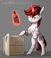 Size: 3500x4000 | Tagged: safe, artist:luckynb, derpibooru import, oc, oc:blackjack, unofficial characters only, pony, unicorn, fallout equestria, fallout equestria: project horizons, fanfic, alcohol, fanfic art, female, image, magic, mare, pipbuck, png, refrigerator, solo, telekinesis, whiskey, wild pegasus