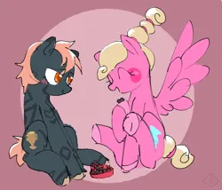Size: 1322x1129 | Tagged: safe, artist:metaruscarlet, derpibooru import, oc, oc:chuckle, oc:gold rush, unofficial characters only, earth pony, pegasus, pony, blushing, chocolate, cute, duo, eating, eyes closed, female, food, holiday, image, jpeg, lesbian, markings, oc x oc, shipping, sitting, tattoo, trans female, transgender, unshorn fetlocks, valentine's day