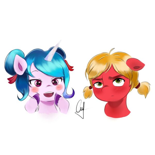 Size: 1080x1080 | Tagged: safe, artist:mango_moon190, derpibooru import, izzy moonbow, sprout cloverleaf, earth pony, pony, unicorn, alternate hairstyle, female, g5, image, jpeg, male, mare, simple background, stallion, white background