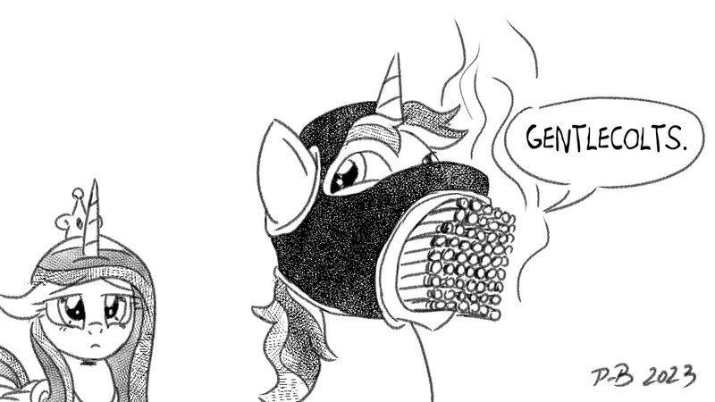 Size: 1200x675 | Tagged: safe, artist:pony-berserker, derpibooru import, princess cadance, shining armor, cigarette, crosshatch, derp, gentlemen, image, jpeg, mentlegen, monochrome, pony-berserker's twitter sketches, pony-berserker's twitter sketches (2023), resigned, spy suit