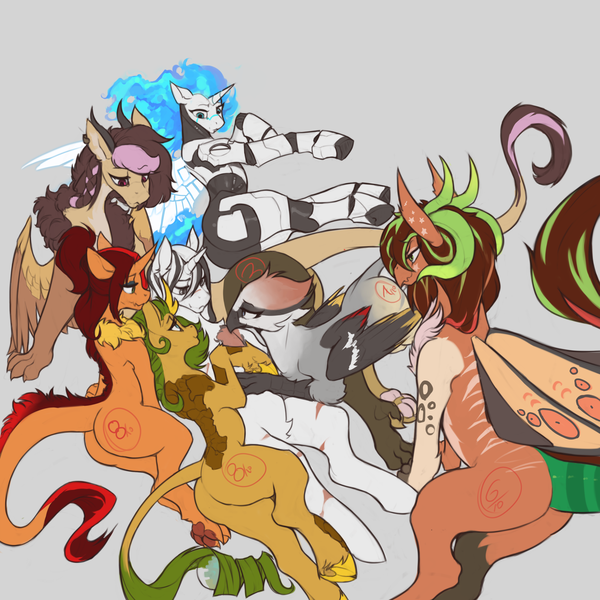 Size: 3000x3000 | Tagged: safe, artist:nsilverdraws, derpibooru import, oc, oc:chel silktail, oc:echo trot, oc:eldorada, oc:ira, oc:polina star, oc:season's greetings, oc:yiazmat, draconequus, dracony, dragon, gryphon, hybrid, kirin, pony, robot, robot pony, unicorn, series:inspector yiaz, butt, claws, couples, draconequus oc, female, grades, griffon oc, horn, horns, husband and wives, image, kirin oc, male, paw pads, paws, plot, png, polyamory, polygamy, shipping, spread wings, tail, unicorn oc, wings