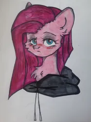 Size: 4019x5380 | Tagged: safe, artist:starkey, derpibooru import, pinkie pie, earth pony, pony, bust, chest fluff, clothes, ear fluff, hoodie, image, jpeg, pinkamena diane pie, portrait, sad, solo, traditional art