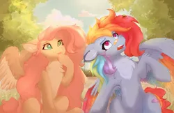 Size: 1785x1155 | Tagged: safe, artist:nyota71, derpibooru import, fluttershy, rainbow dash, insect, pegasus, pony, amused, bandaid, bandaid on nose, cloud, colored ears, colored wings, commission, flower, image, jpeg, looking up, park, smiling, summer, tree, wings