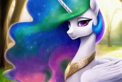Size: 1920x1280 | Tagged: safe, derpibooru import, editor:dovakkins, machine learning generated, stable diffusion, princess celestia, alicorn, pony, beautiful, cute, derpibooru exclusive, female, forest, forest background, image, jewelry, looking at you, mare, missing accessory, peytral, png, smiling, smiling at you, solo, tree