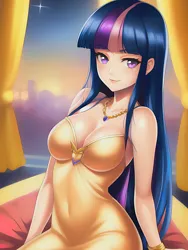 Size: 1020x1360 | Tagged: safe, derpibooru import, editor:sammykun, machine learning generated, novelai, stable diffusion, twilight sparkle, human, equestria girls, anime style, beautiful, breasts, busty twilight sparkle, clothes, dress, female, glow, gold, humanized, image, long hair, looking at you, png, shiny, sitting, sleeveless, smiling, solo, solo female, sparkly eyes