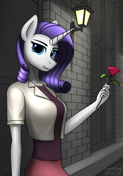 Size: 1573x2247 | Tagged: safe, artist:dash wang, derpibooru import, rarity, anthro, clothes, flower, image, png, rose, wall, window