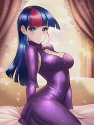 Size: 512x682 | Tagged: safe, derpibooru import, editor:sammykun, machine learning generated, novelai, stable diffusion, twilight sparkle, human, equestria girls, anime style, beautiful, breasts, busty twilight sparkle, clothes, dress, female, glow, humanized, image, jpeg, long hair, looking at you, ouch, shiny, sitting, smiling, solo, solo female, sparkles, sweater, turtleneck